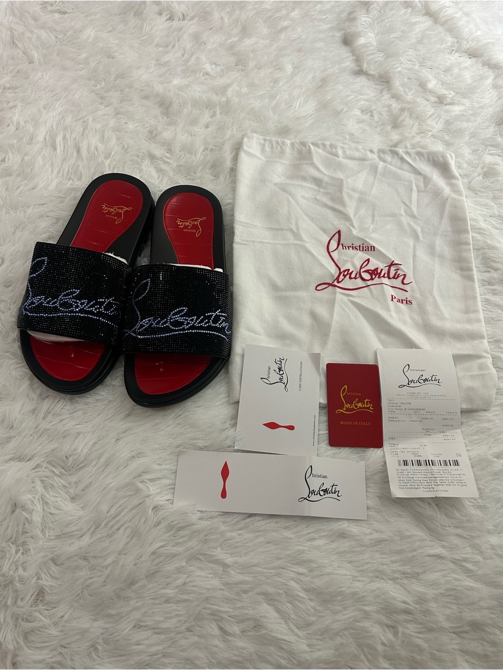 Christian Louboutin Black and Red Crystal Slide Sandals